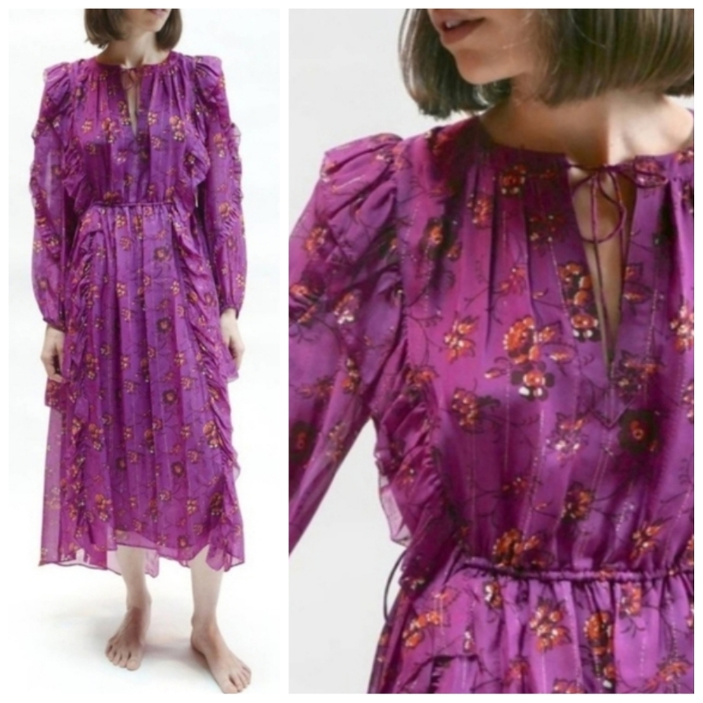 Ulla Johnson Purple Floral Midi Dress with Ruffled Details